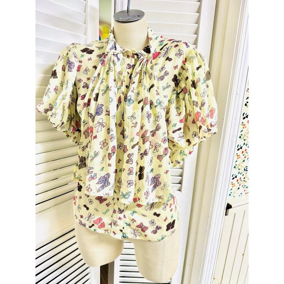 Gracia Tops - Boutique Gracia Cottage Core Bows Neck Tie Puff Sleeve Blouse Top  Women's Small